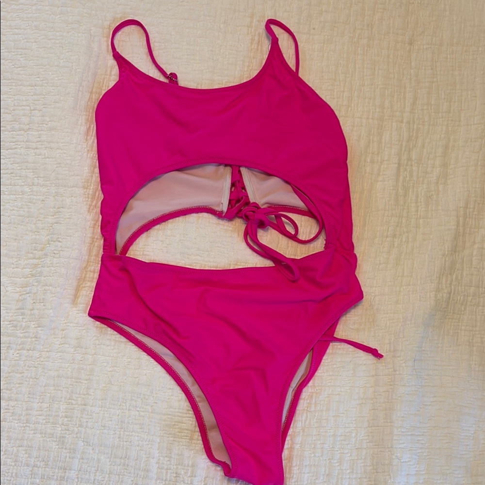 Pink Asymmetrical Cut-Out One Piece Swimsuit